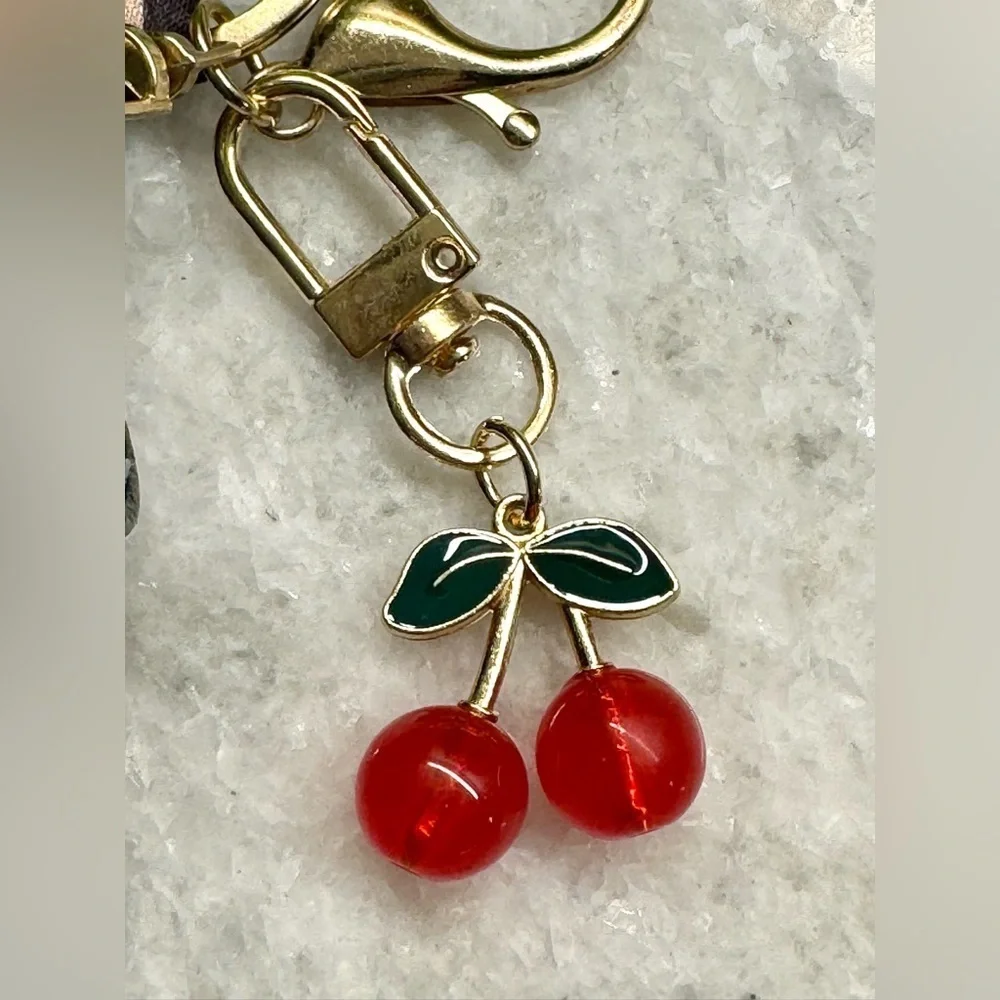 New Black Flower Diamond Print Mini Bag Purse Charm Keychain w/ Scarf & Cherry